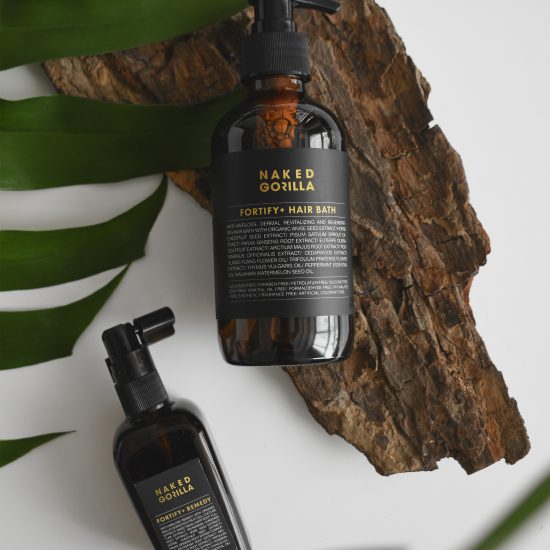 Naked Gorilla Fortify+ Hair Bath and Remedy haircare products.