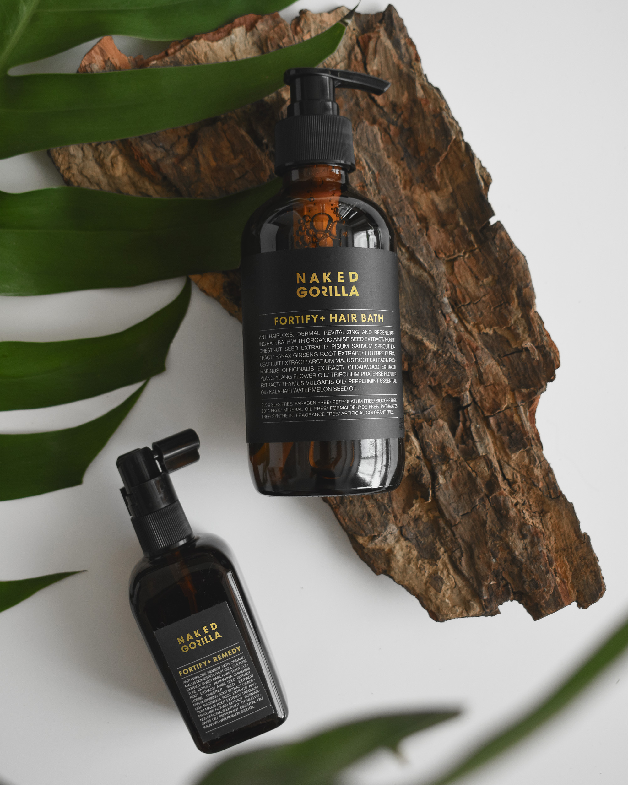 Naked Gorilla Fortify+ Hair Bath and Remedy haircare products.
